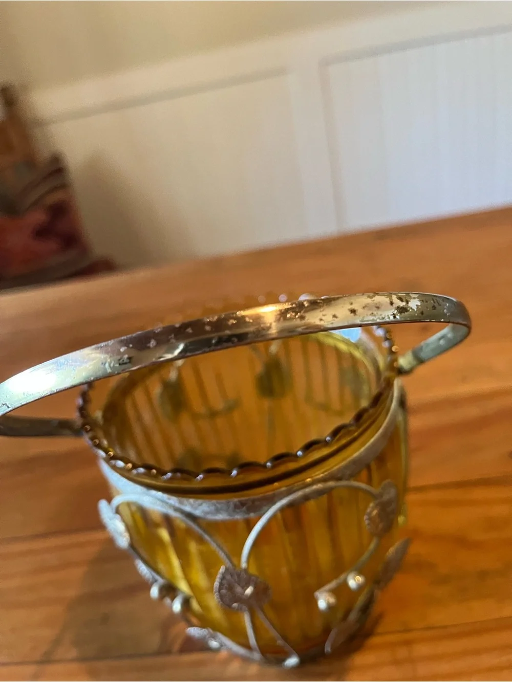 Vintage Amber Glass Ice Bucket with Caged Leaf and Handle